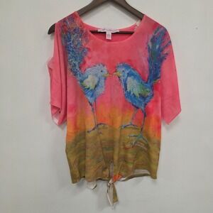 Leoma Lovegrove Bird Rhinestone Vibrant Tie Front Top Size M Multicolor Artsy